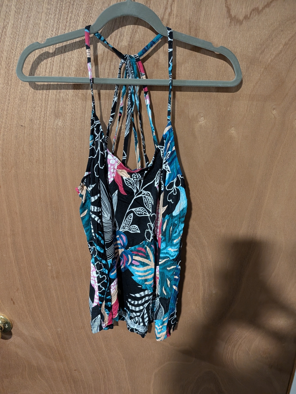 Printed Black Tropical Tank Top with Strappy Back